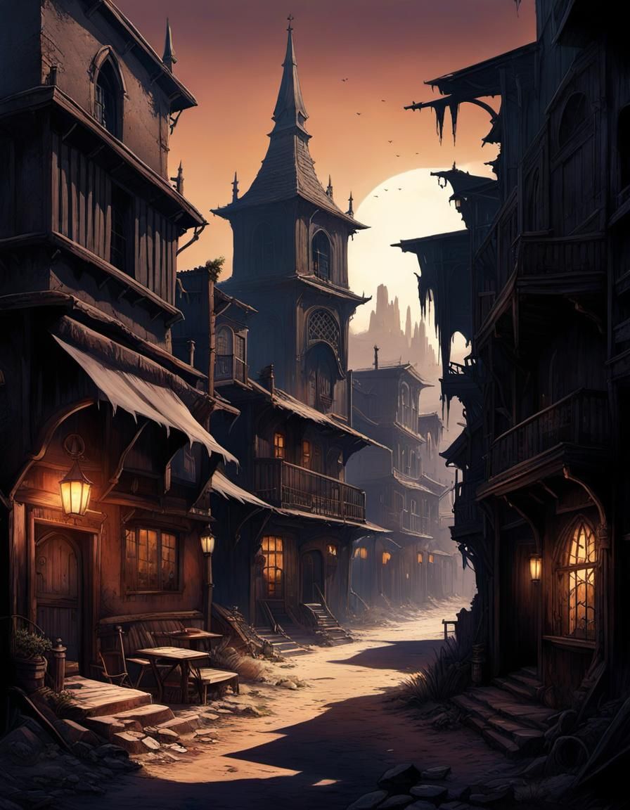 Dark Fantasy Gothic Town Street View in Anime Style