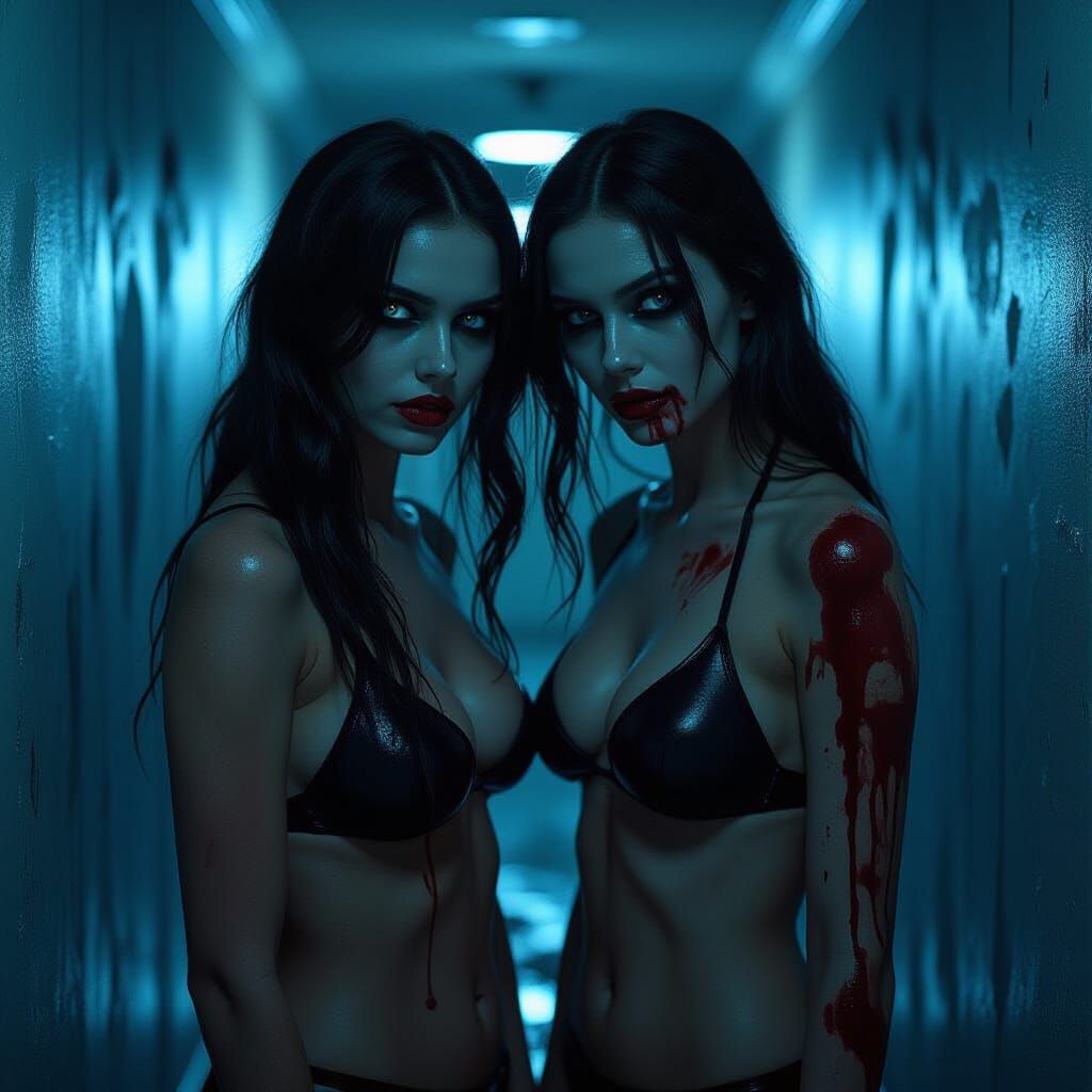 Eerie Zombie Women in Dimly Lit Hallway