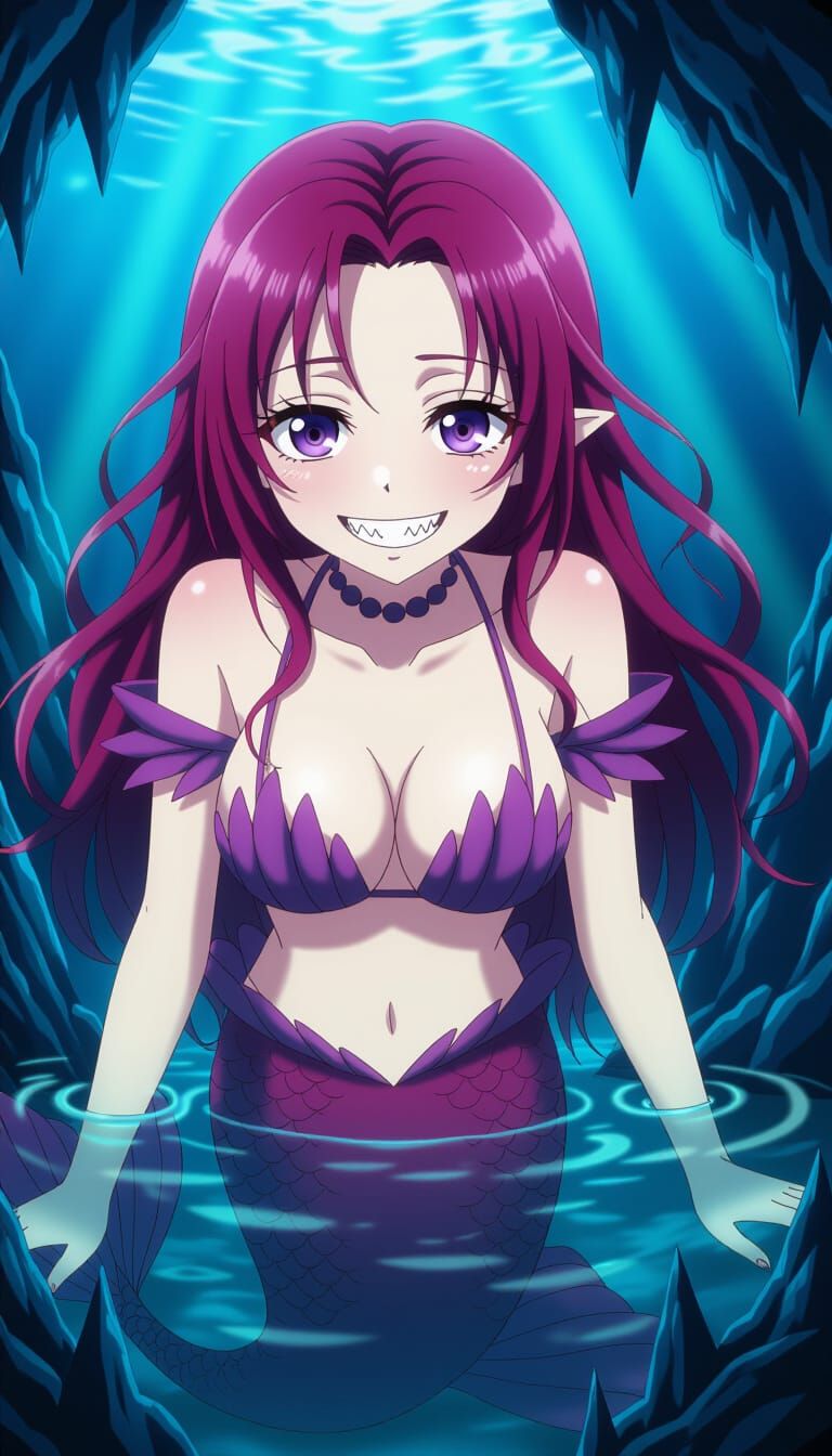 Disturbing Mermaid Among Gothic Cliffs in Dark Fantasy Anime...