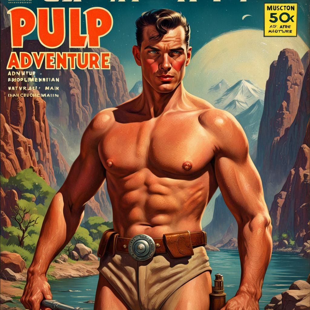 Vintage Pulp Magazine Cover with Muscular Hero
