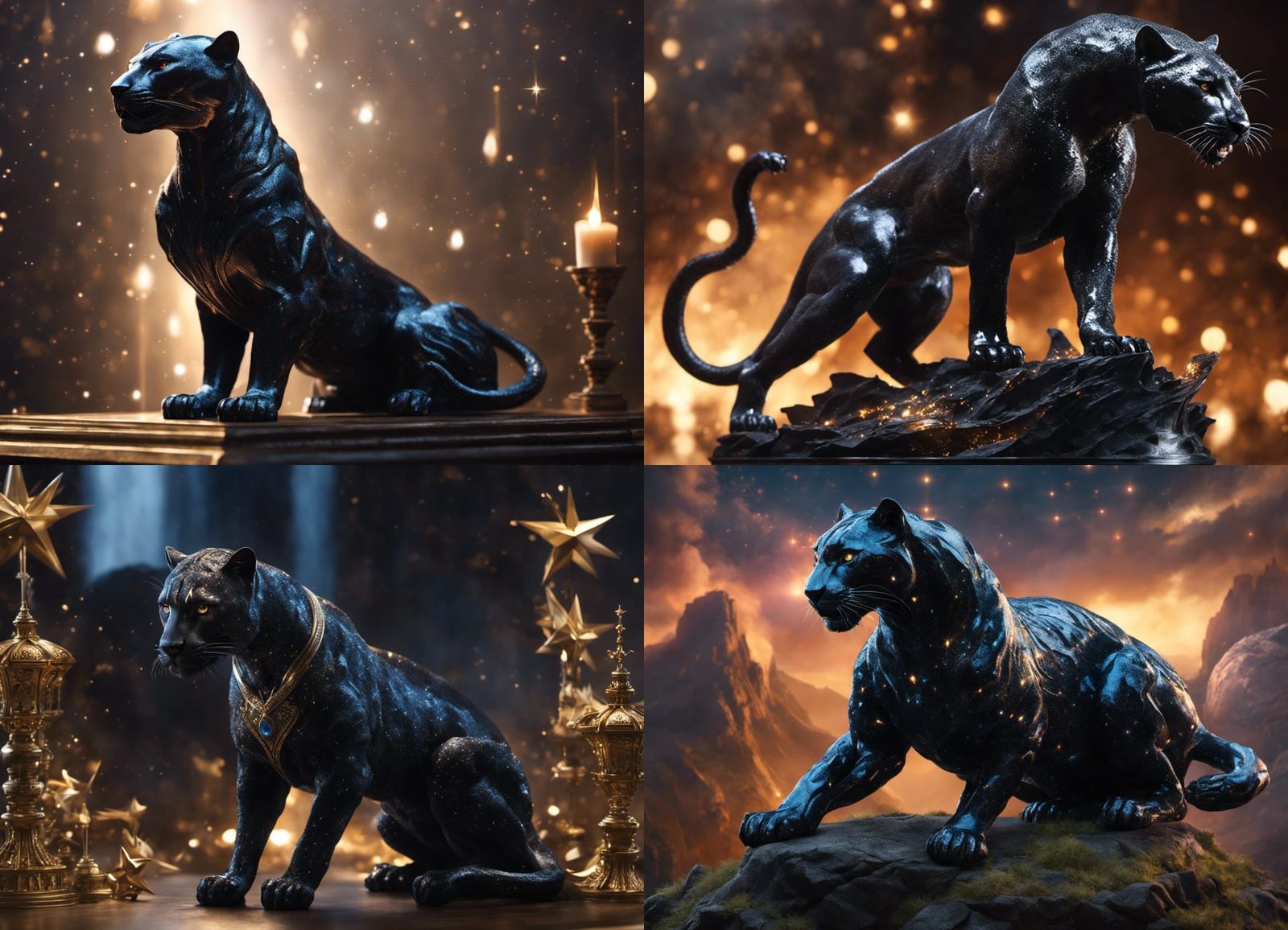 Obsidian Panther Figurine Sparkling with Stars: Digital Art
