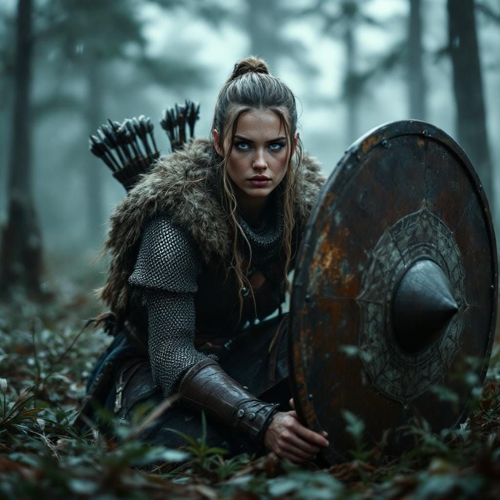 Viking Shield-maiden in Misty Forest, Photorealistic Style