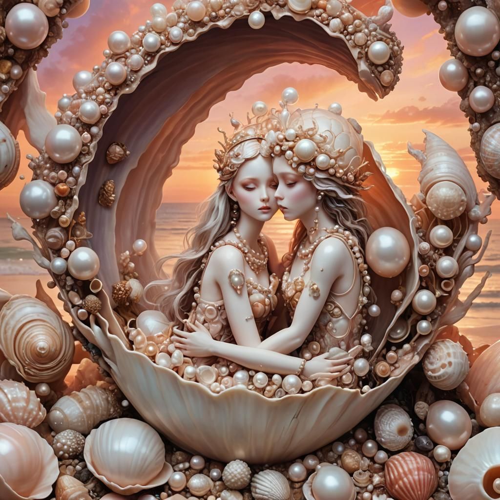 Epic Sunset: Fairy Couple in Pearl Shell