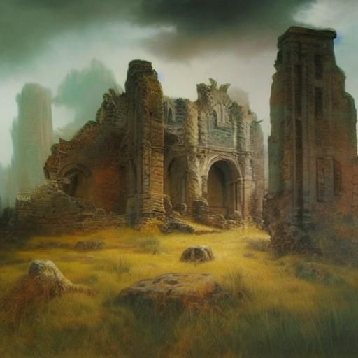 Ethereal Landscape Painting of Forgotten Ancient Ruins