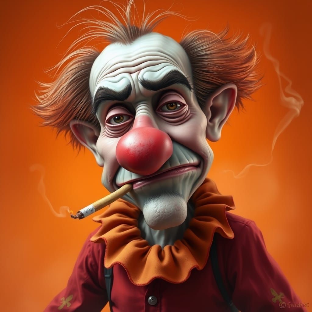 Grumpy Clown Caricature with Cigarette