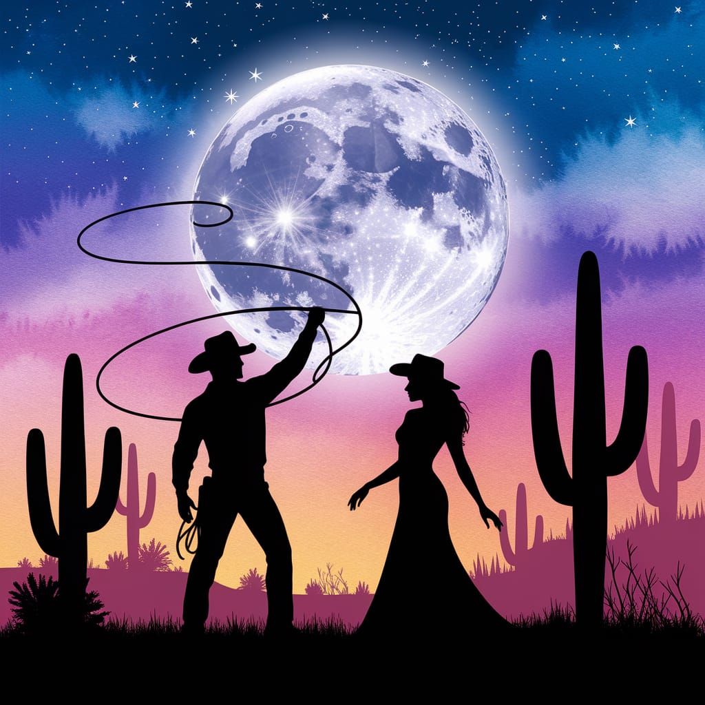 Romantic Cowboy Moonlit Serenade in Dreamy Watercolor Style