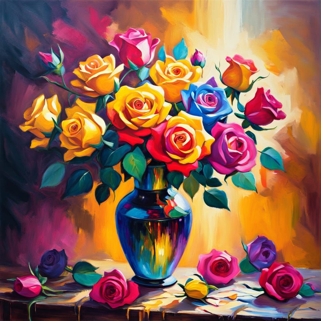 Multicoloured Roses in Vibrant Oil Painting