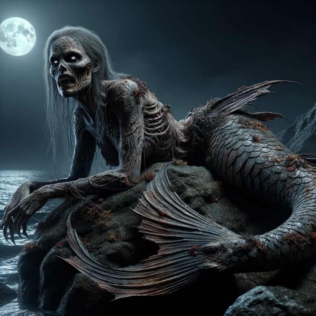 Horrific Gothic Mermaid Resting Under a Blood Moon