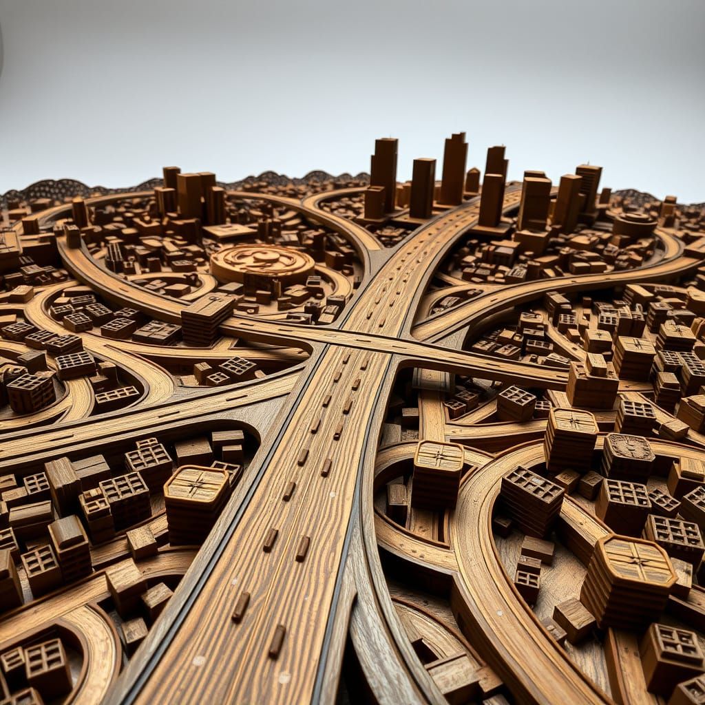 Surreal Dark Wood Sculpture of Pi Glilot Interchange in Whim...