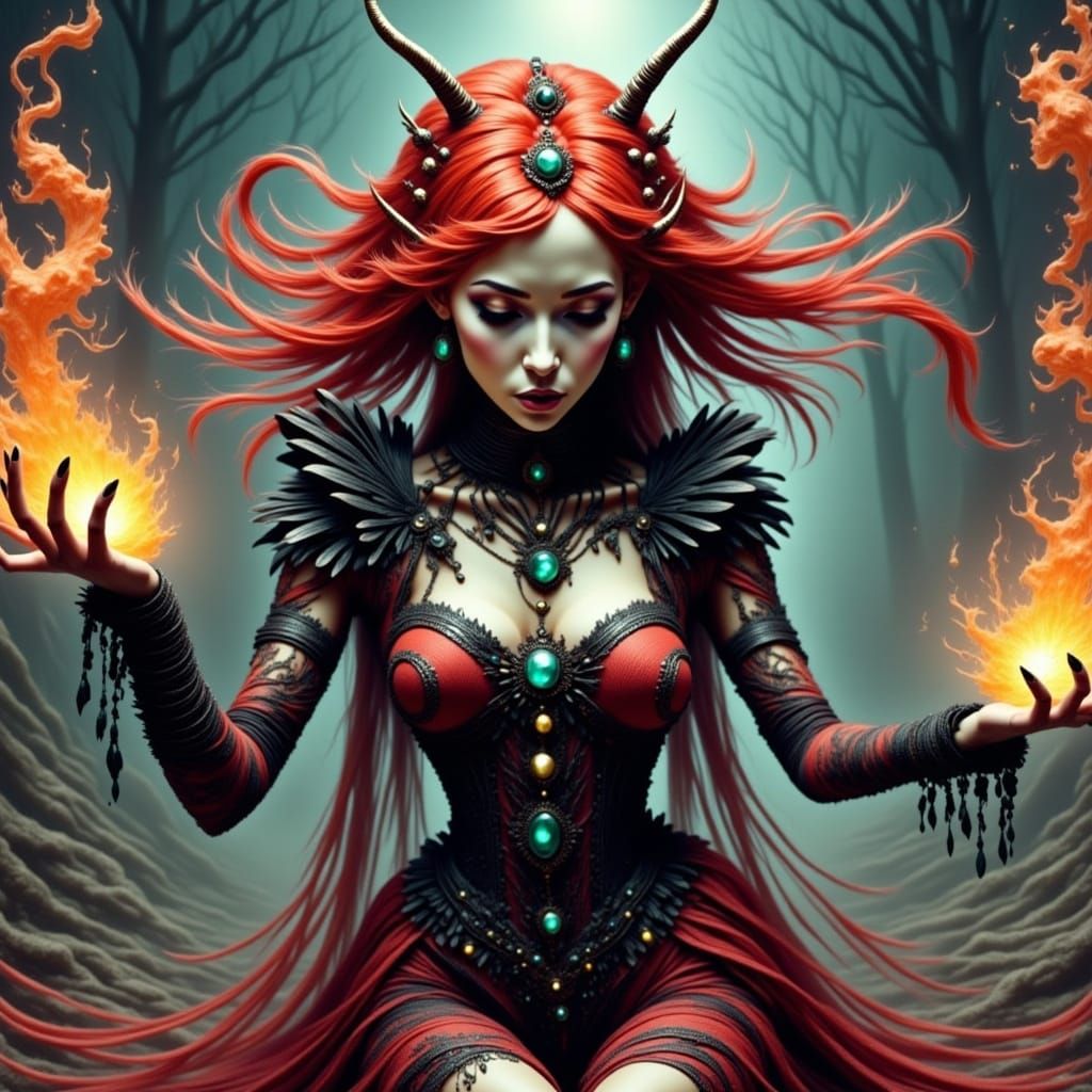 Fae Witch Queen Casting Fire Spells as Graffiti Art