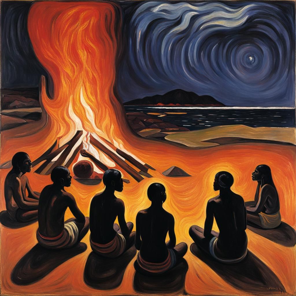 Aboriginal Storyteller by Fire: Expressionist Oil Painting