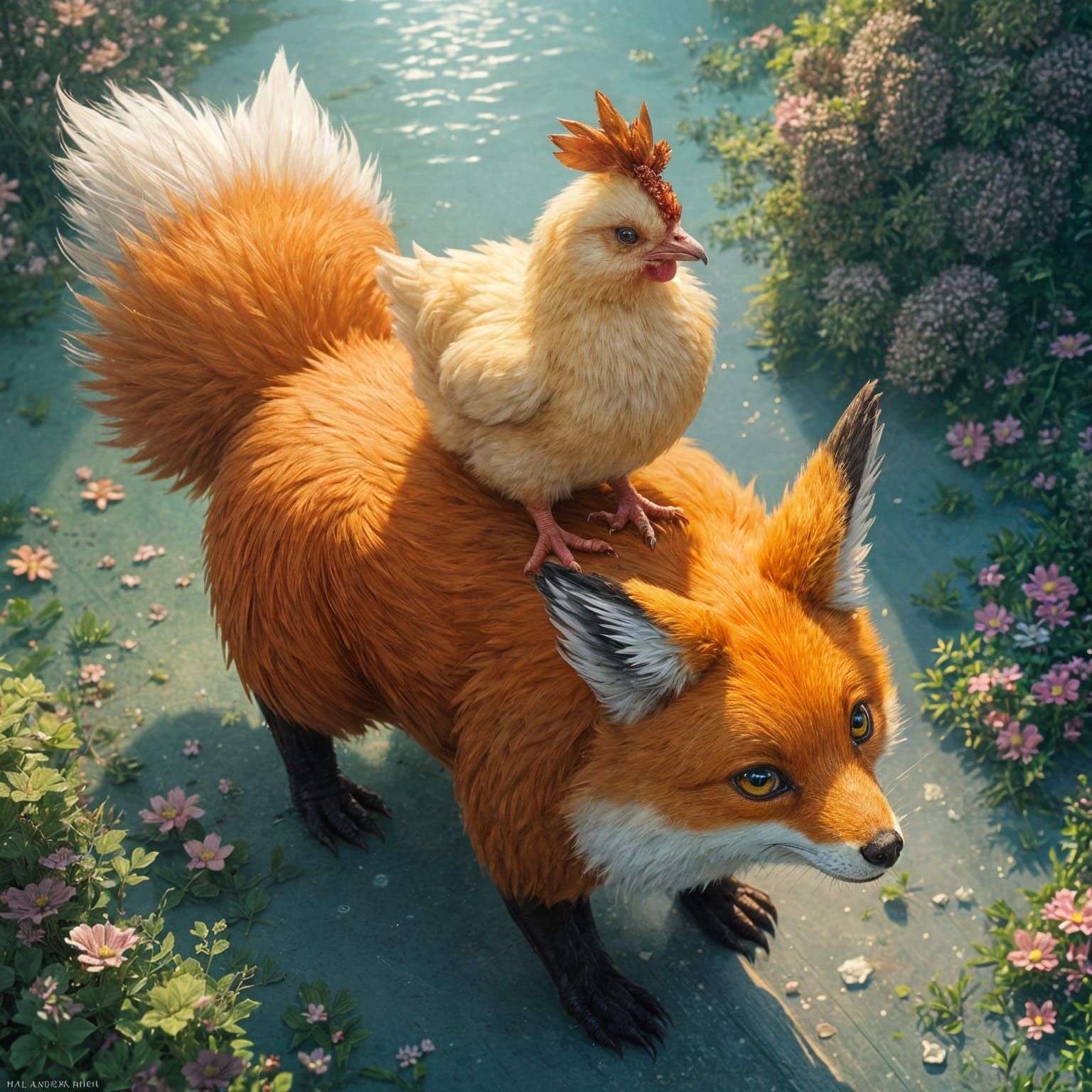 Cute Chicken Rides Epic Fox in Digital Illustration