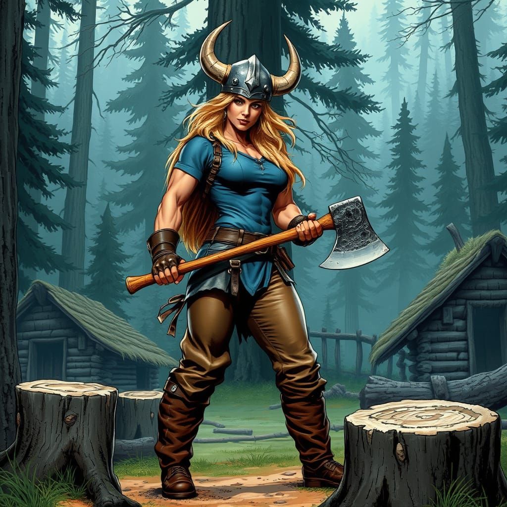 Viking Woman Chopping Wood in Fantasy Art Style