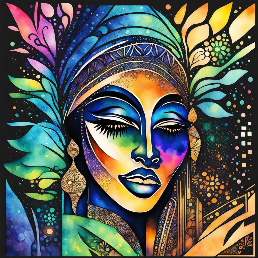 Nigerian Nightscape in Watercolor Mosaic Style