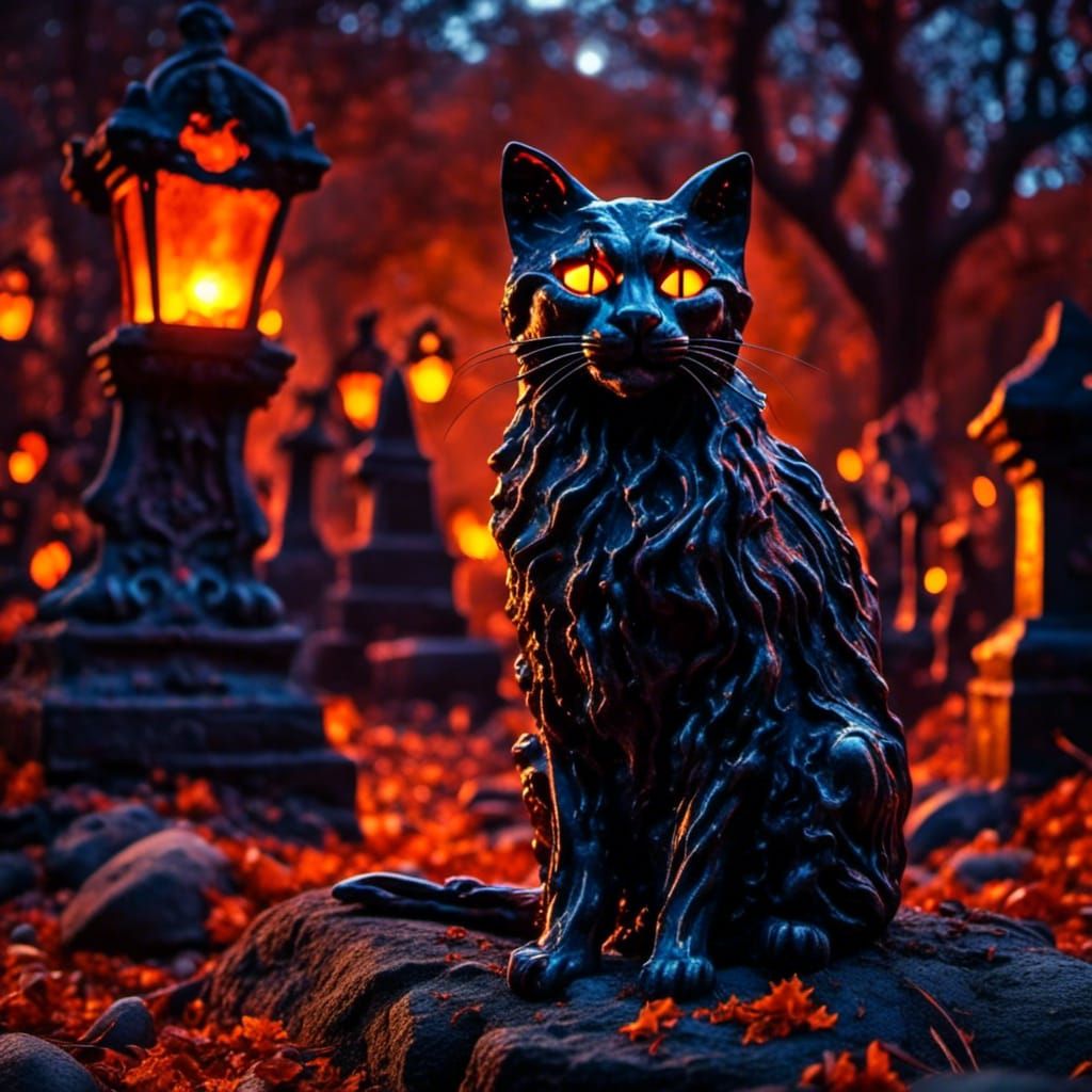 Eerie Halloween Cat in Graveyard, Surreal Horror Photography