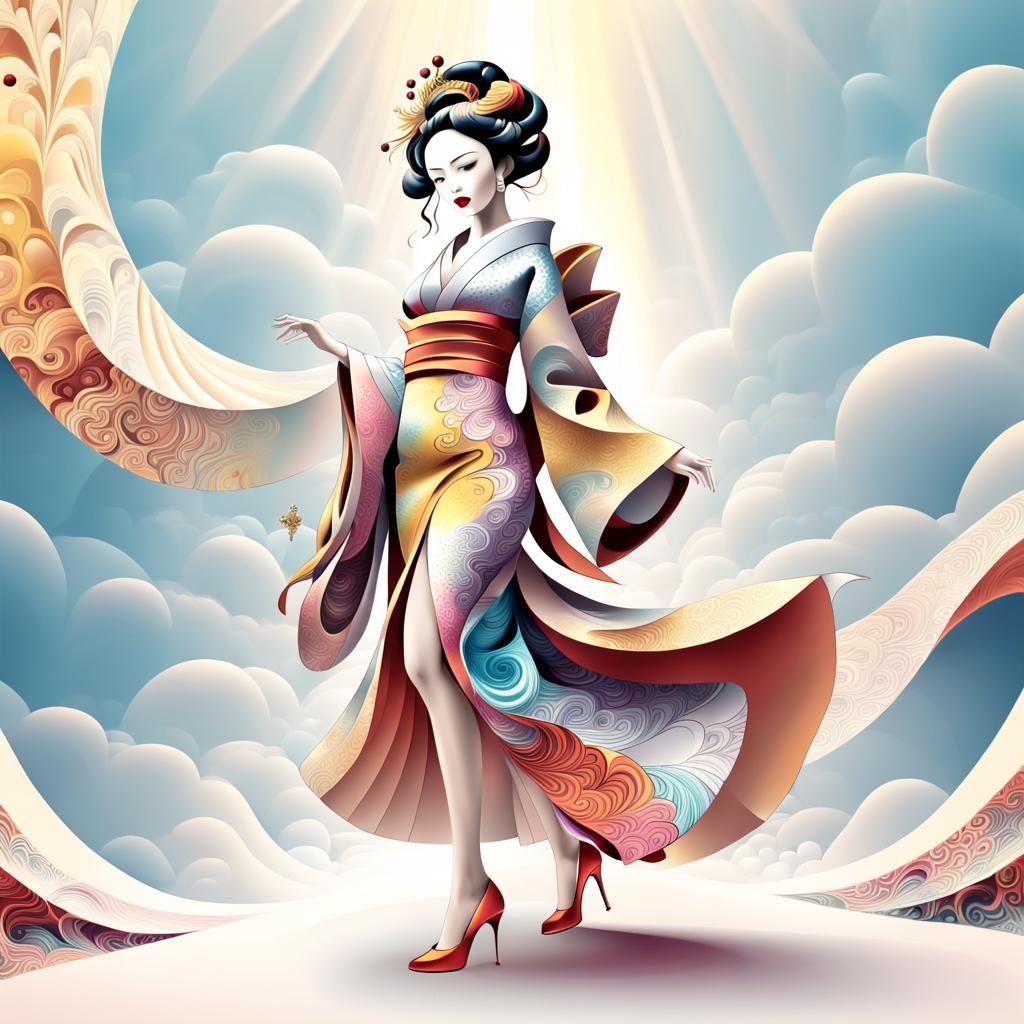 Geisha Walks Runway in Abstract Vector Fractal Style