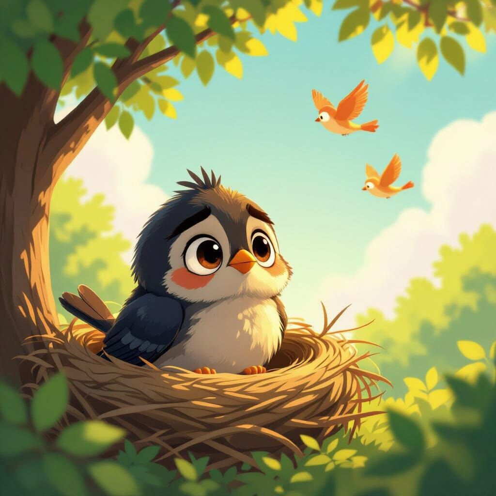 Sad Animated Bird Afraid to Fly in Ghibli Style