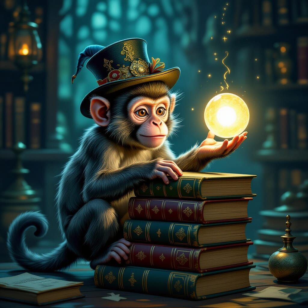 Monkey Contemplating Light Orb on Books in Dark Fantasy Styl...