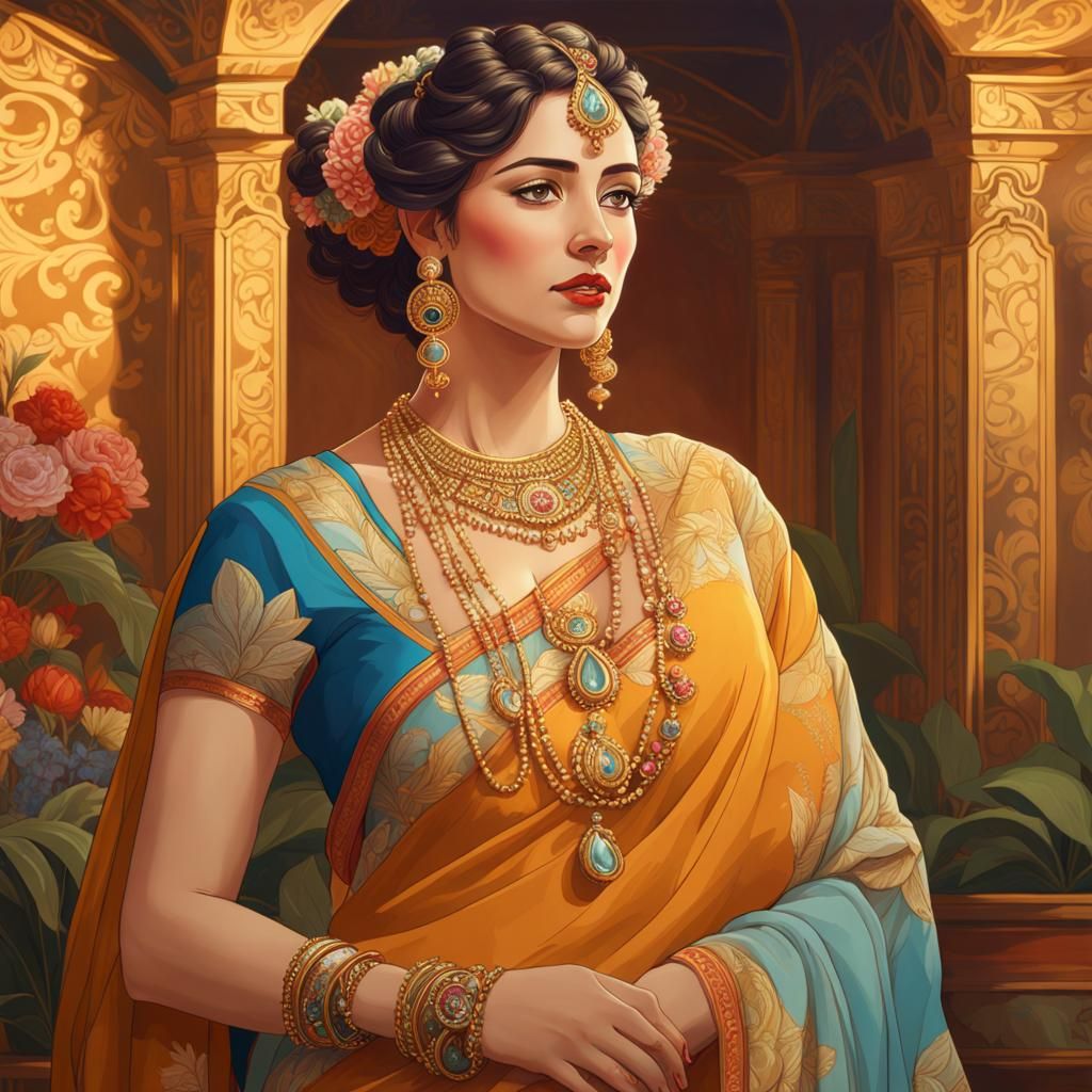 Elegant Woman in Saree: Studio Ghibli Style