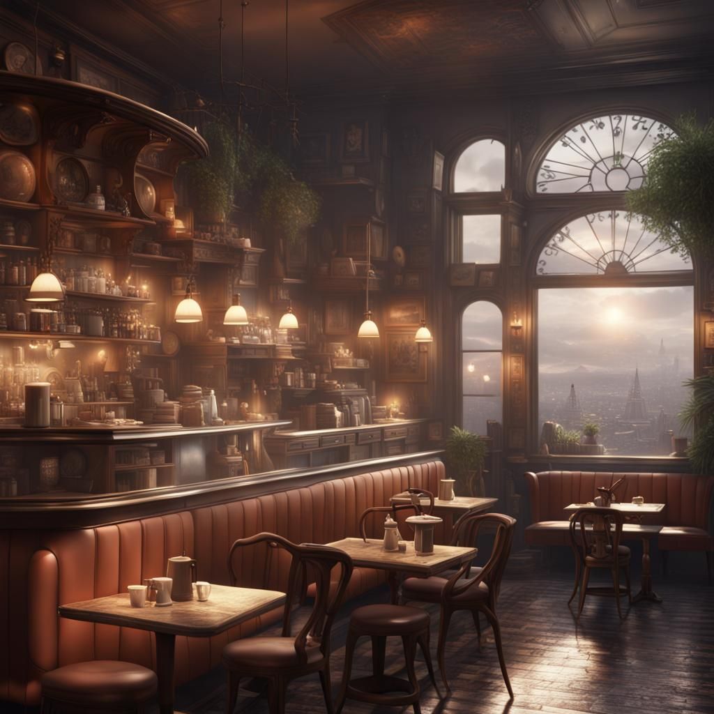 Cinematic Cafe Scene in Digital Matte Painting Style