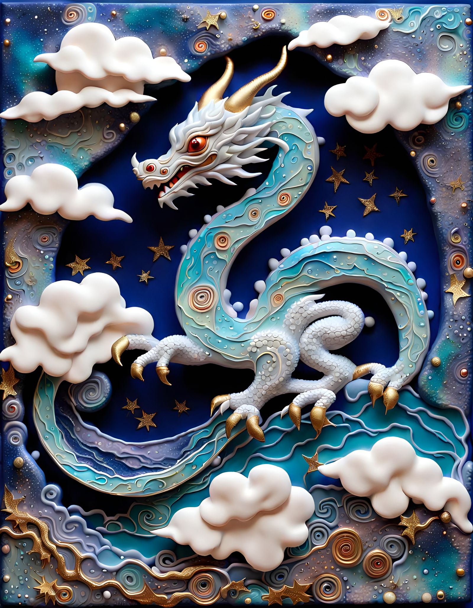 Ornate Dragon Relief Sculpture in Mixed Media