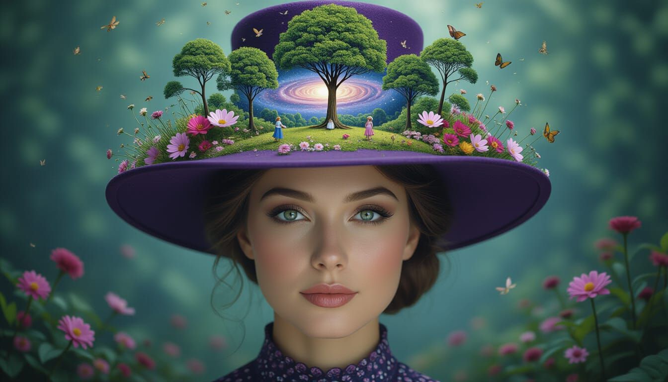 Surreal Universe Hat Portrait in Dark Style