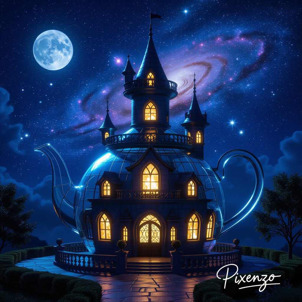 Whimsical Teapot Castle Under Galactic Night Sky