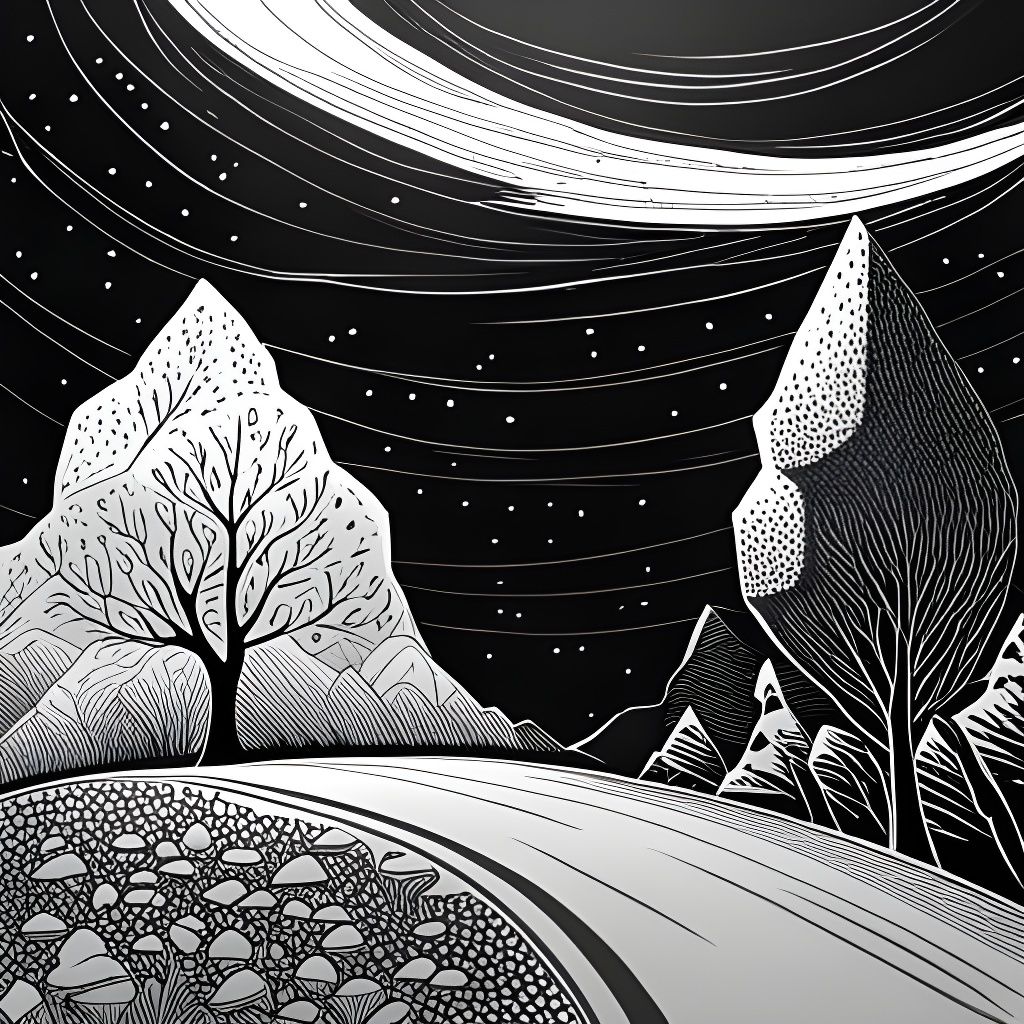 Stylized Fineliner Drawing of Stone Path and Junipers