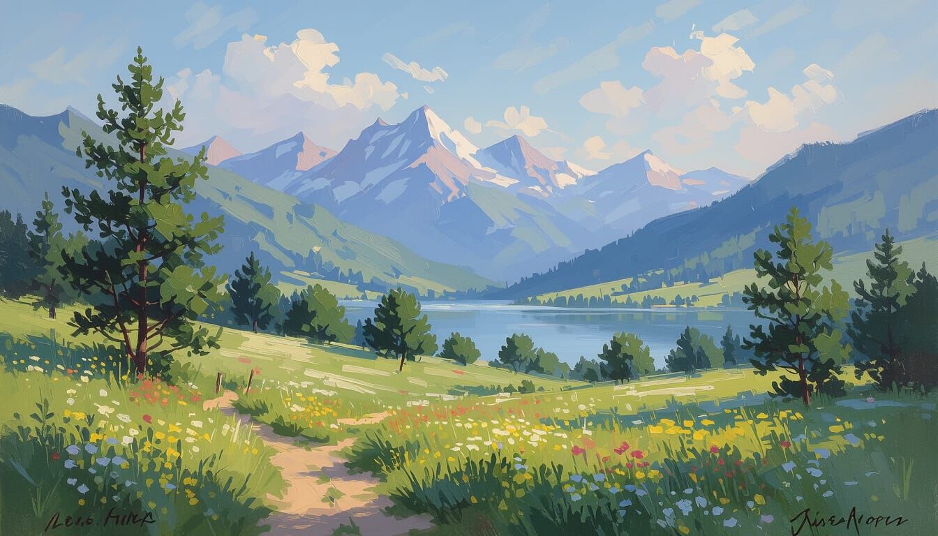 Serene Summer Mountain Landscape in Pastel Hues