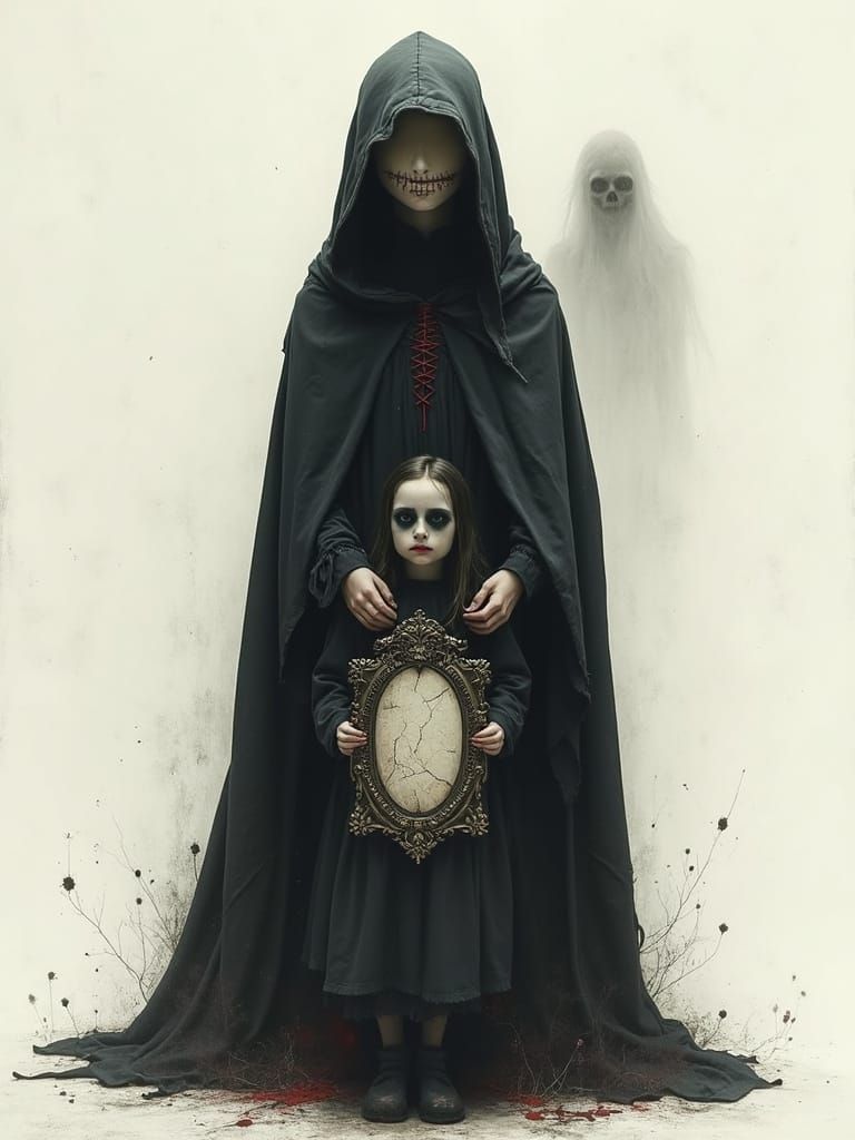 Spooky Figure with Stitched Mouth Reflects Dark Symbols