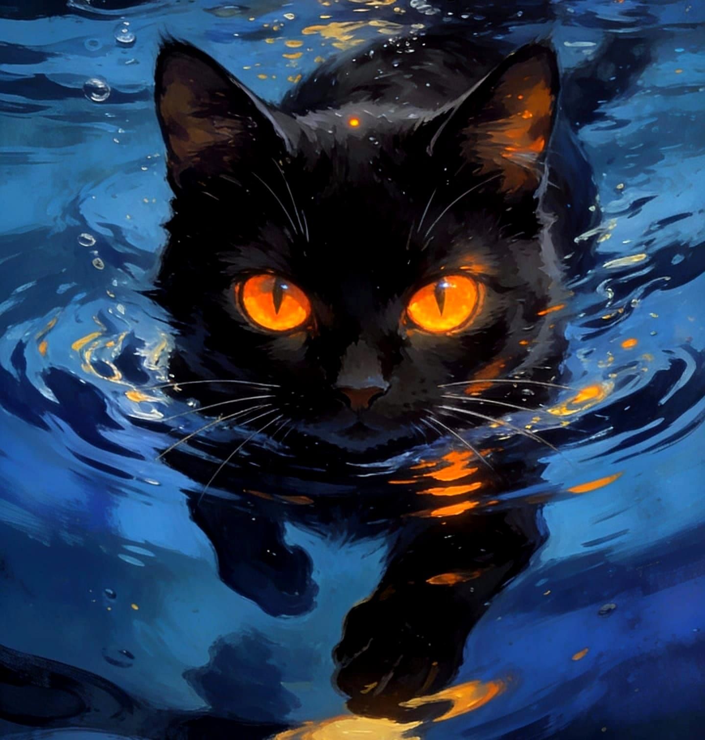Hyper-Realistic Black Cat Underwater in Dark Fantasy Style