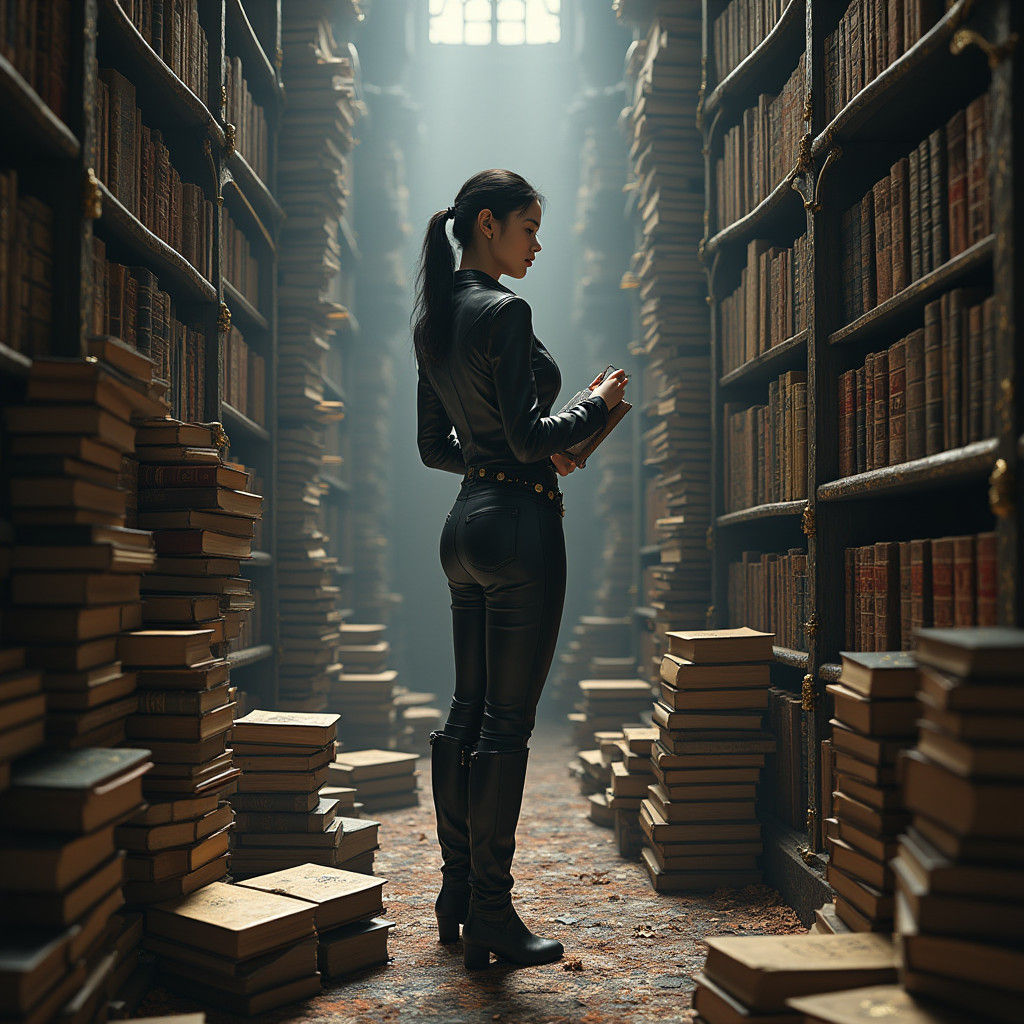 Leather-Clad Librarian in Mystical Gothic Library