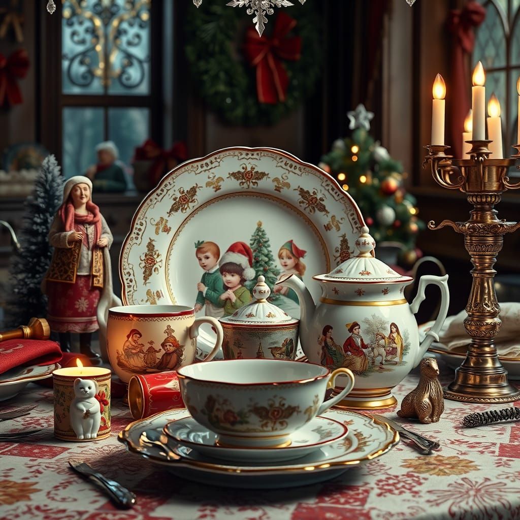 Whimsical Victorian Christmas Tableware in Detailed Matte Pa...