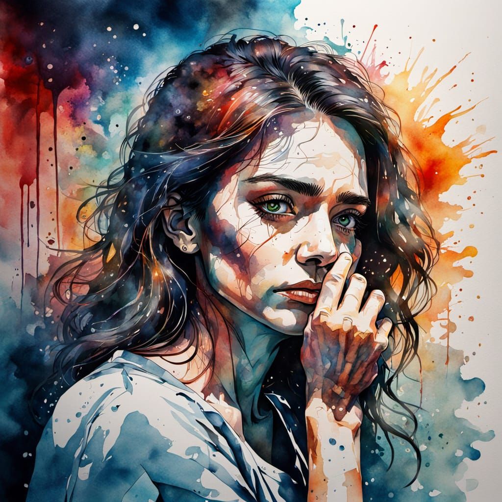 Watercolor Portrait of a Terrified Woman in Dramatic Light