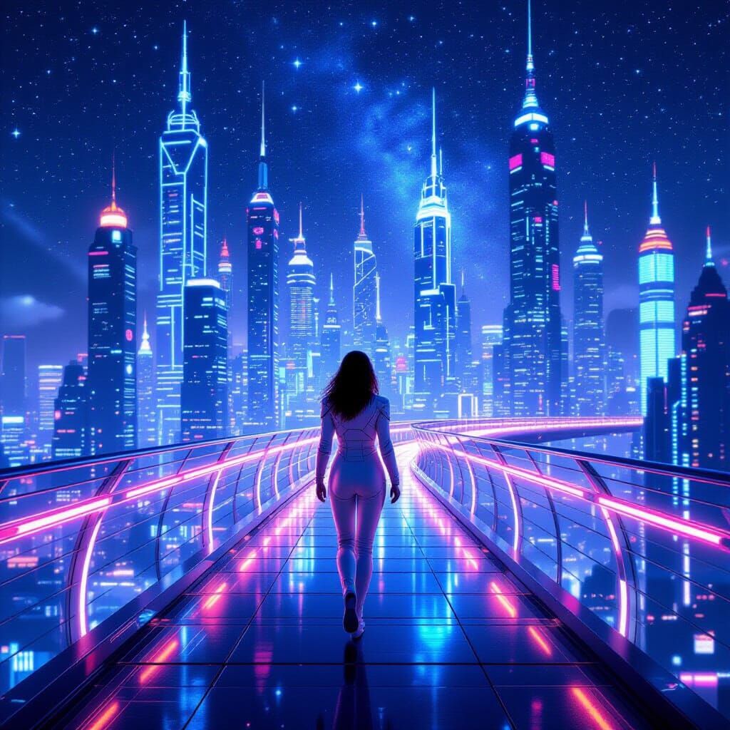 Astral City: Woman Walks Glowing Bridge in Cyberpunk Style