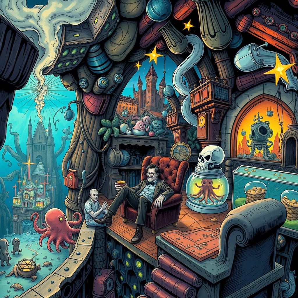 Supervillain's Maximalist Aquarium Lair Overlooking City