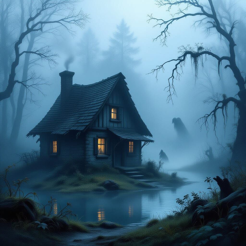 Ethereal Fantasy Cottage in Misty Forest
