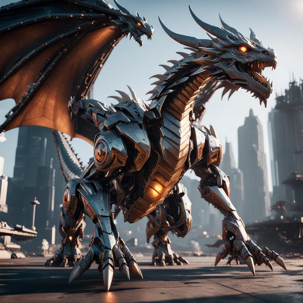 Dragons with Intricate Mech Details in Sci-Fi Style