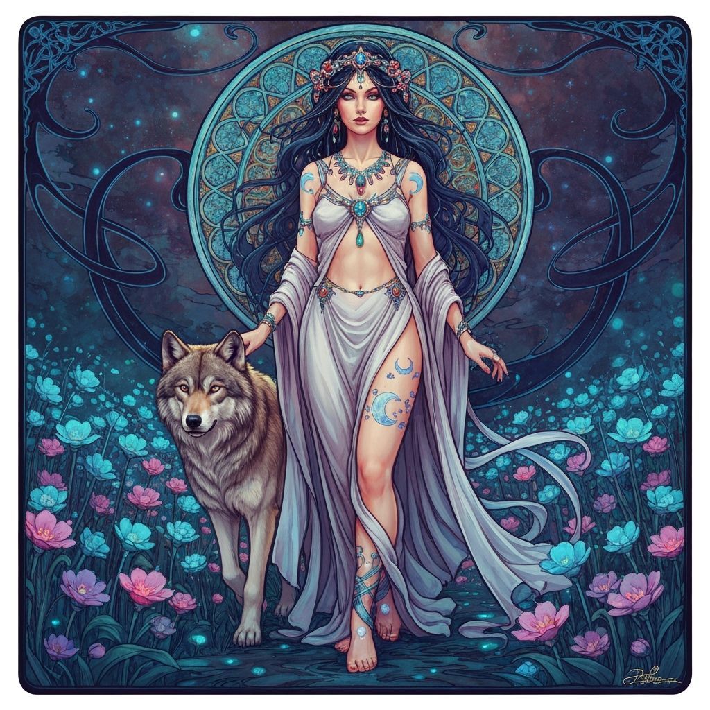 Lunar Goddess Walking with Wolf in Bioluminescent Field