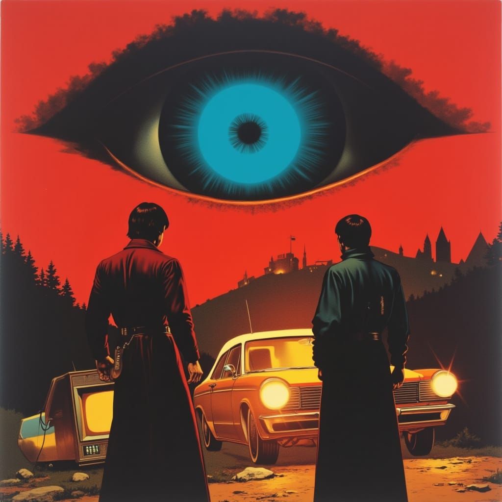 Ominous Eye in Red Sky: Surreal Art