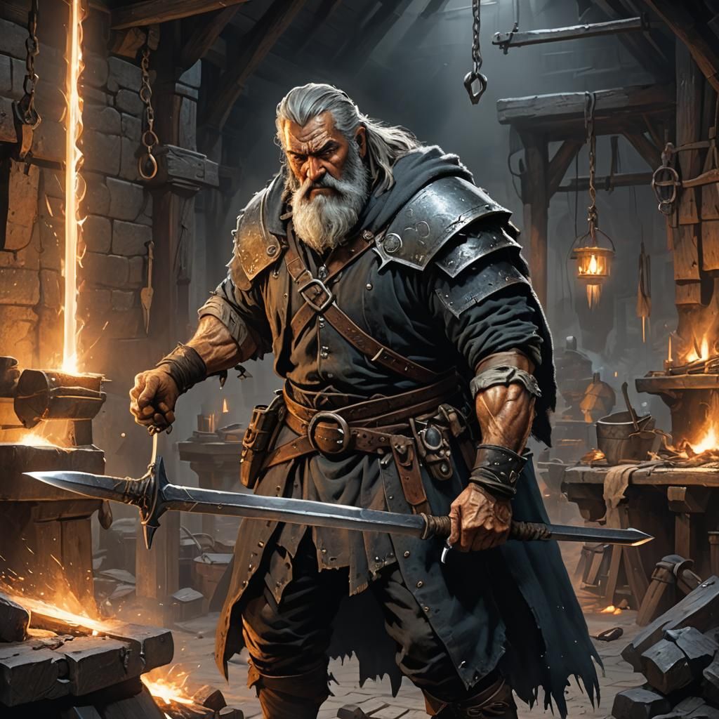 Blacksmith Inspects Glowing Sword: Fantasy Art