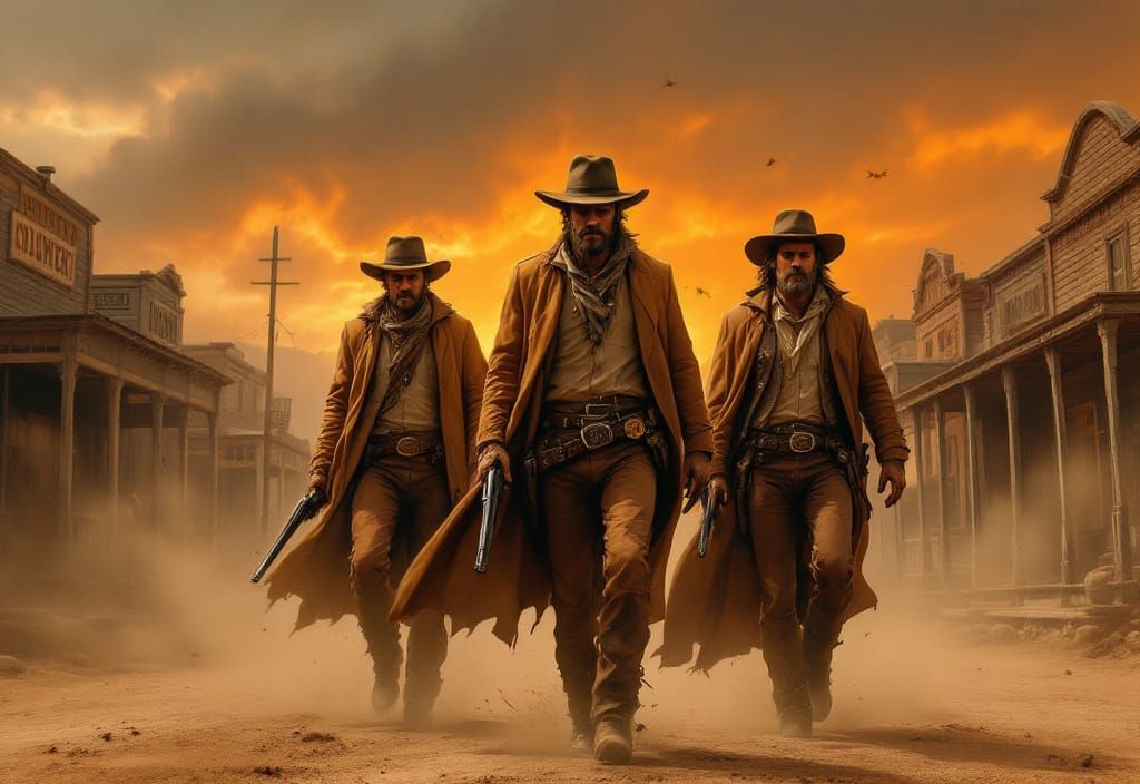 Gunslingers Striding into Town at Sunset