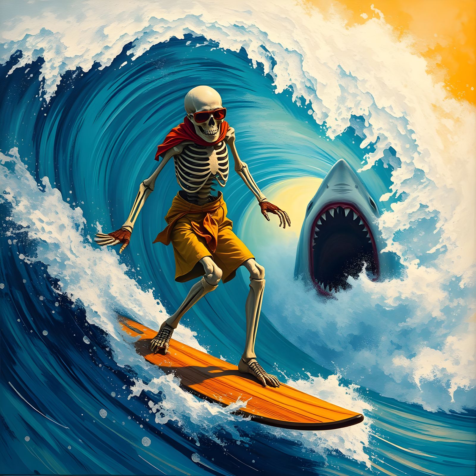 Skeleton surfing a large wave as a shark is coming up to bite him.