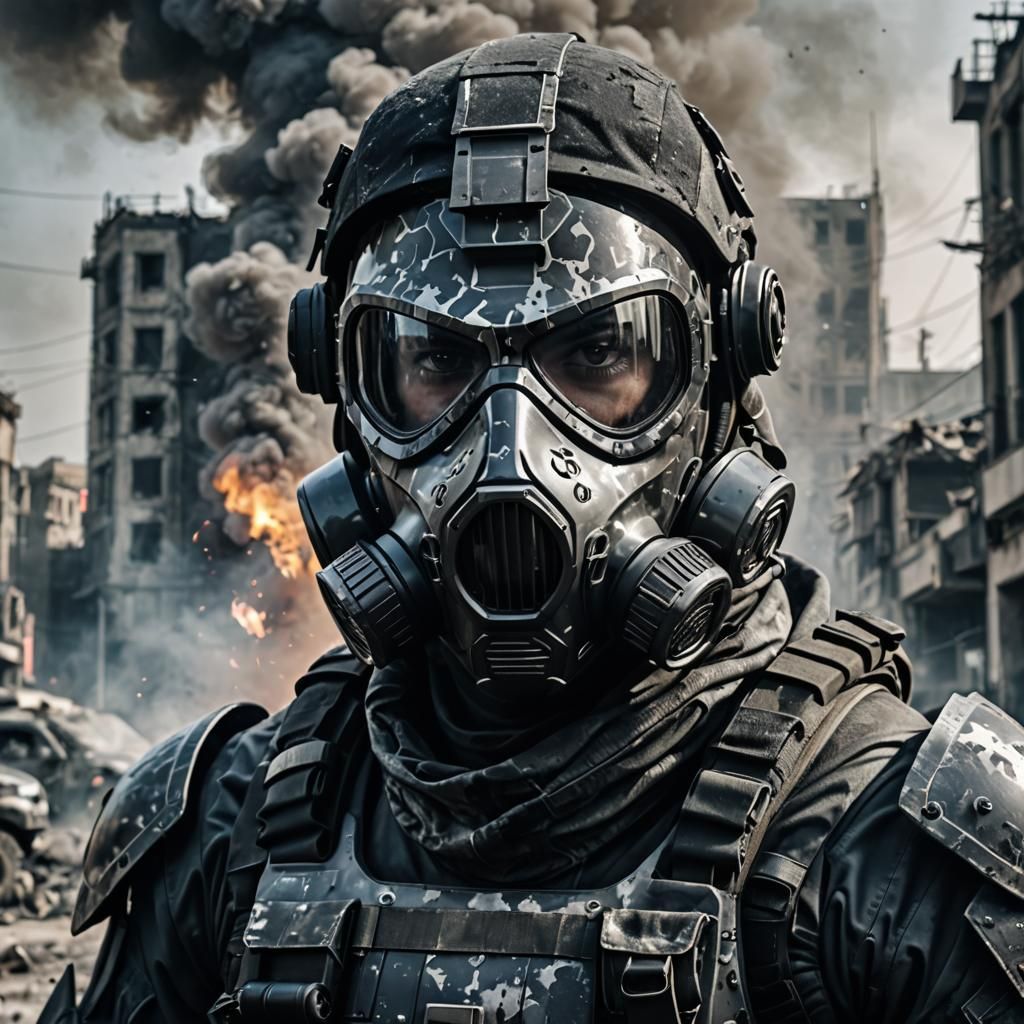 Futuristic Soldier in Ruined City: 3D Rendering