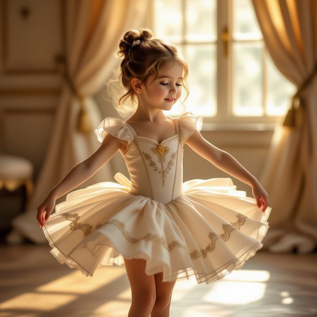 Joyful Little Girl Dancing in Sunlit Elegant Room