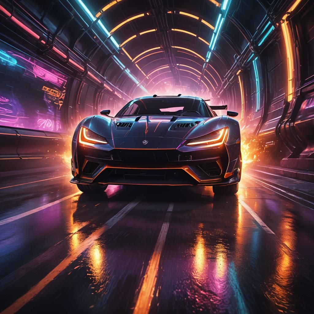 Armored Car Races Through Neon Tunnel in Matte Painting