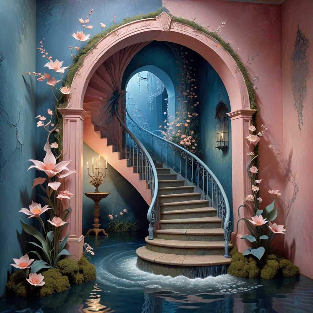 Surreal Staircase with Cascading Water and Floral Walls