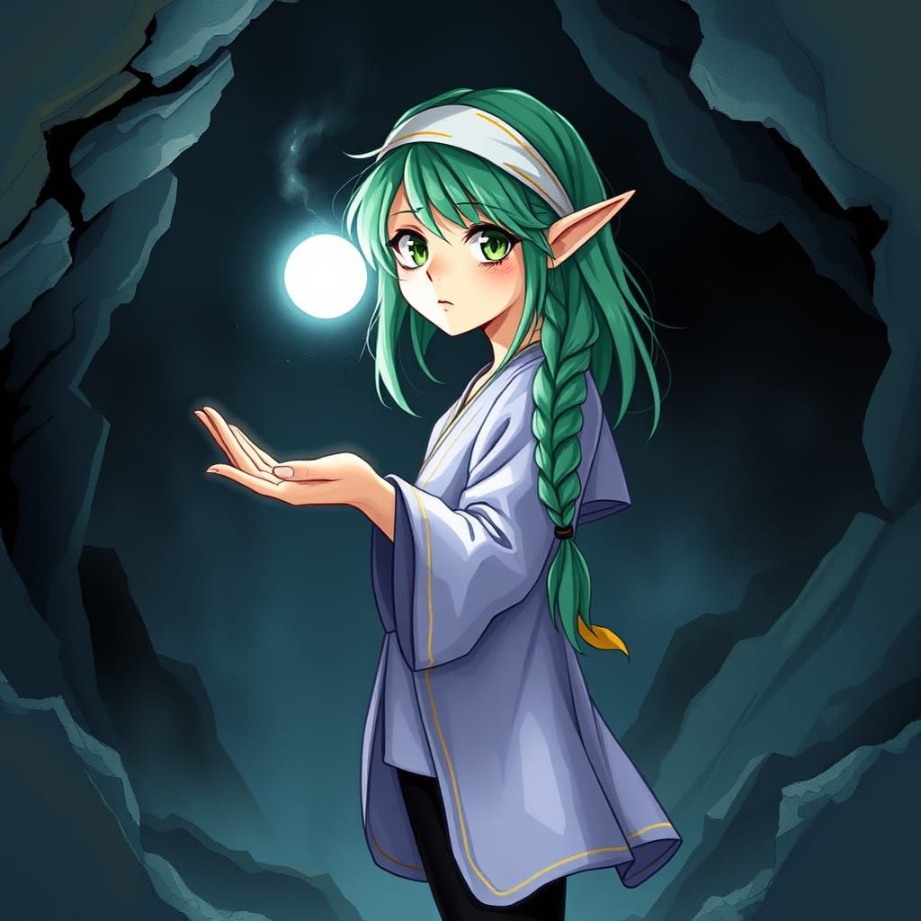 Young Mage Basks in Ethereal Glow within the Mystical Cave