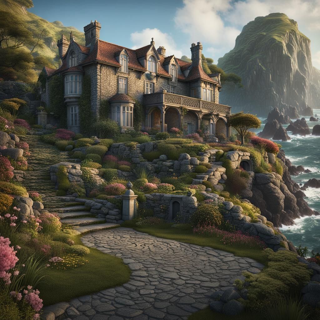 English Coastal Mansion with Winding Road, Detailed Matte Pa...