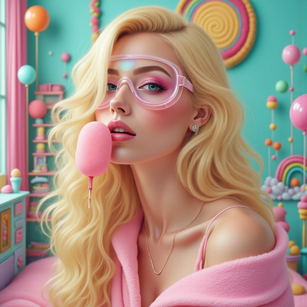 Bleeding Blonde Woman in Gas Mask, Bubblegum Core Style